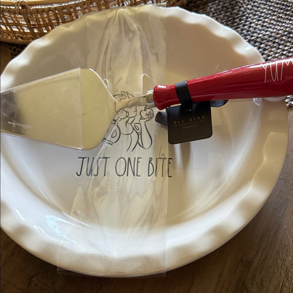 Rae Dunn White Pie Dish with Red Handle Server Just One Bite